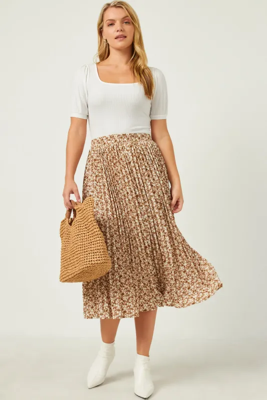Womens Elastic Waist Pleated Ditsy Floral Midi Skirt sold by Hayden