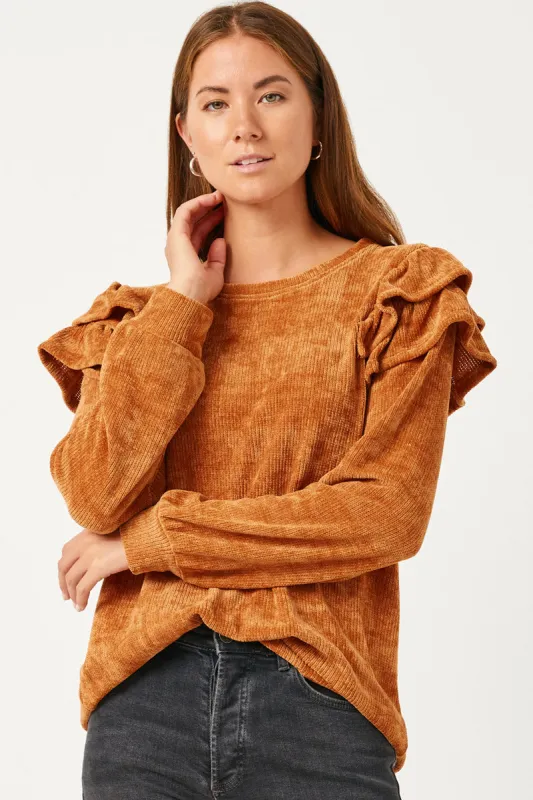 Womens Chenille Knit Ruffled Shoulder Top sold by Hayden