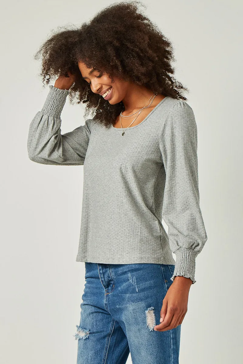 Womens Square Neck Smocked Cuff Swiss Dot Knit Top sold by Hayden product image thumbnail 3