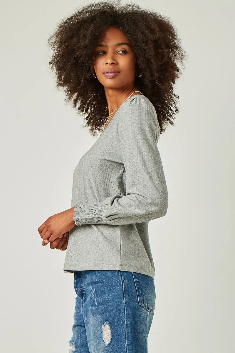 Womens Square Neck Smocked Cuff Swiss Dot Knit Top sold by Hayden product image thumbnail 4