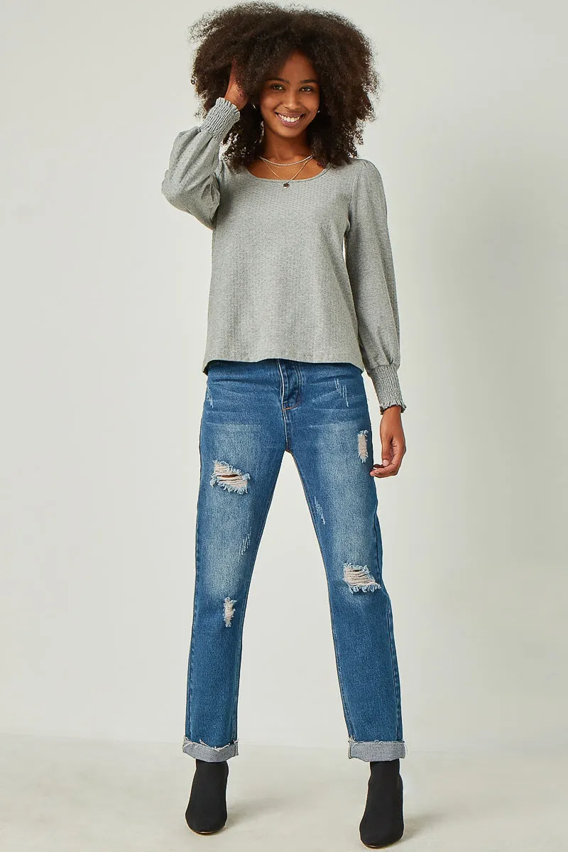 Womens Square Neck Smocked Cuff Swiss Dot Knit Top sold by Hayden