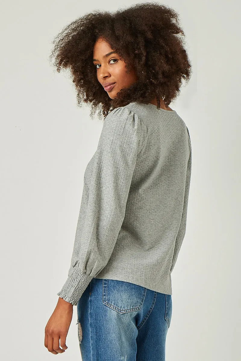 Womens Square Neck Smocked Cuff Swiss Dot Knit Top sold by Hayden product image thumbnail 5