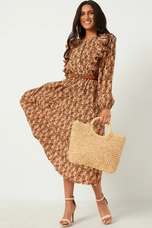 Womens Pleated Floral Midi Dress With Ruffle Detail sold by Hayden