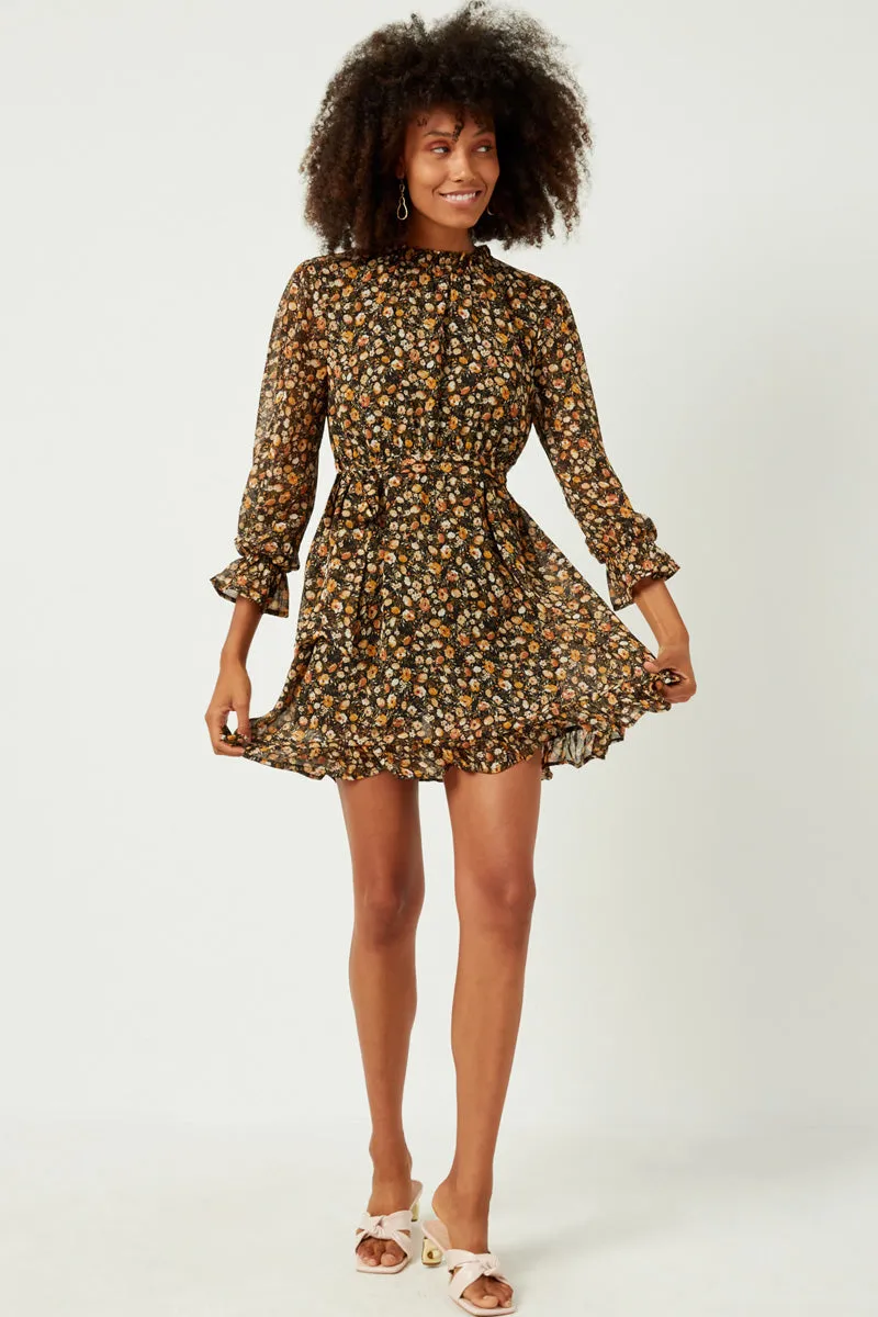 Womens Floral Print Smocked Ruffle Neck Dress with Belt sold by Hayden product image thumbnail 3