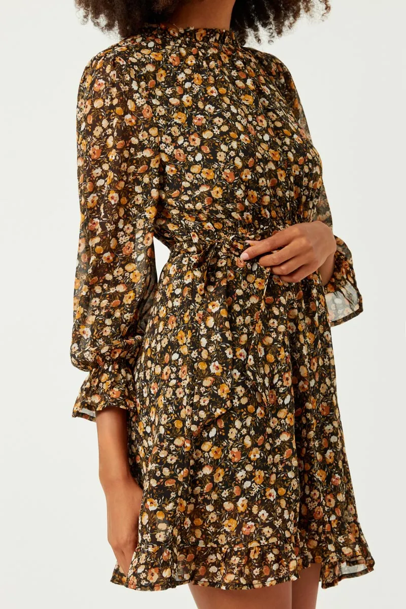 Womens Floral Print Smocked Ruffle Neck Dress with Belt sold by Hayden product image thumbnail 4