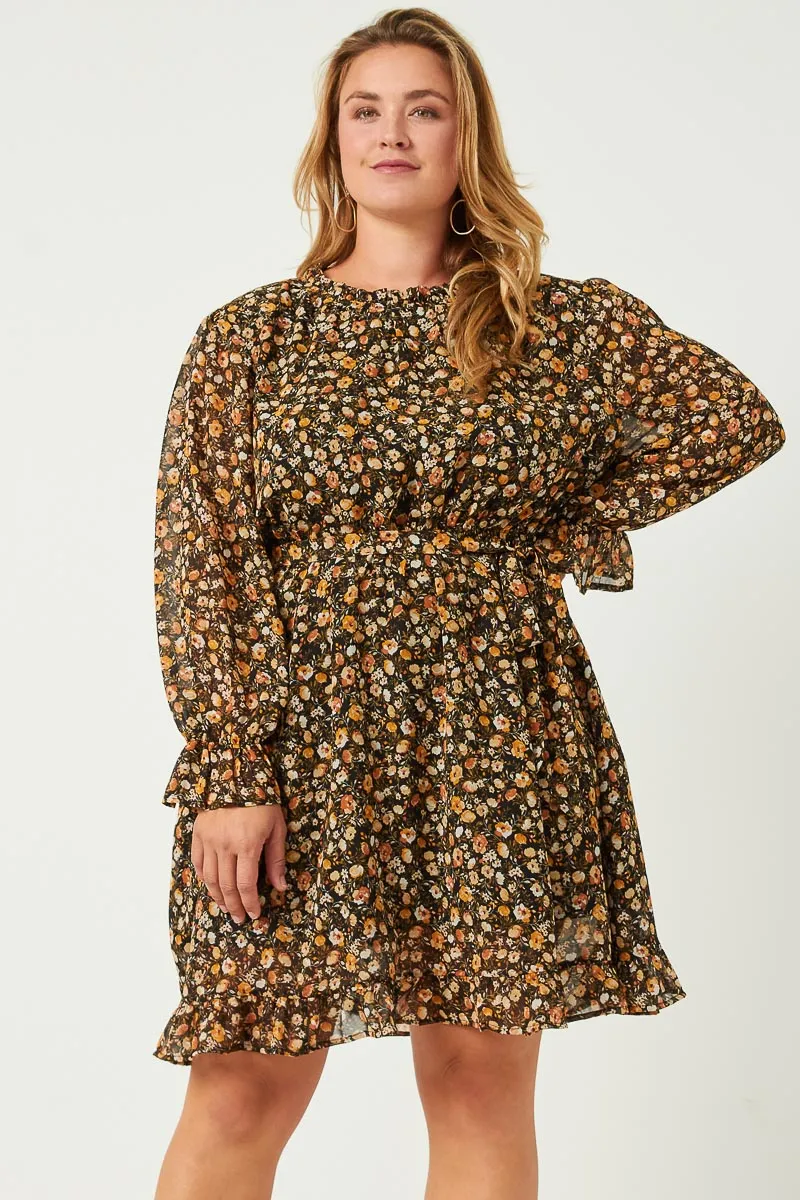 Womens Floral Print Smocked Ruffle Neck Dress with Belt sold by Hayden product image thumbnail 2