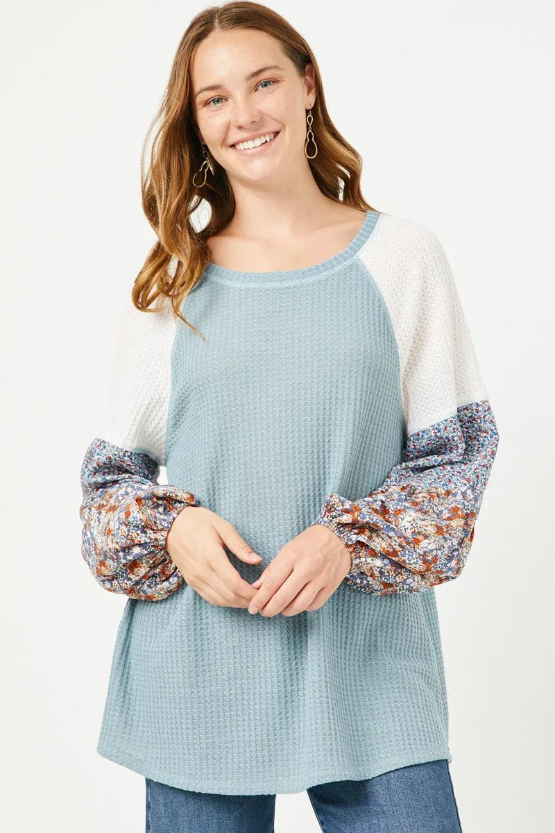 Womens Floral Block Contrast Sleeve Waffle Knit Top sold by Hayden product image thumbnail 3