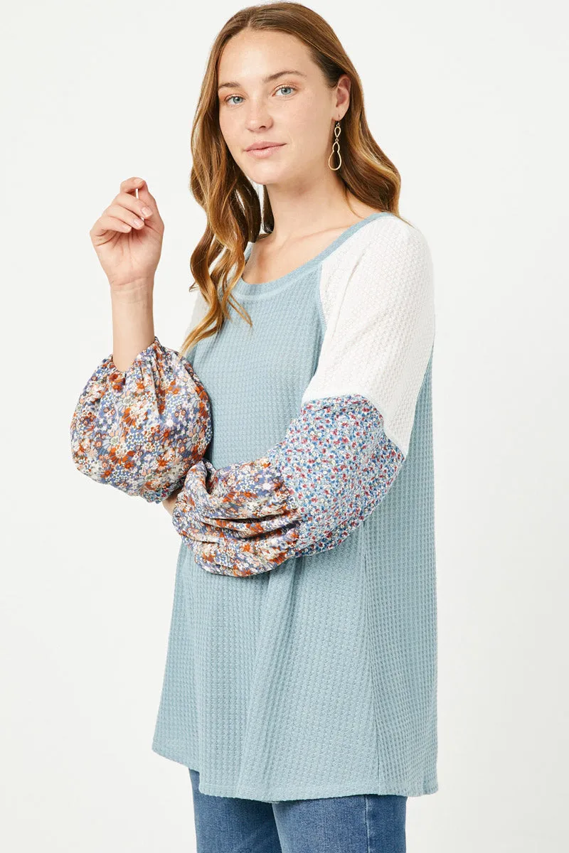 Womens Floral Block Contrast Sleeve Waffle Knit Top sold by Hayden product image thumbnail 4