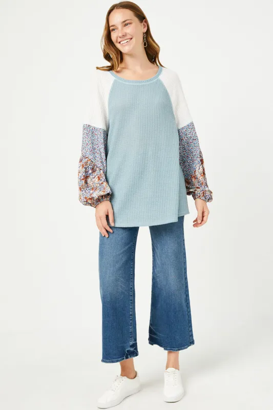 Womens Floral Block Contrast Sleeve Waffle Knit Top sold by Hayden