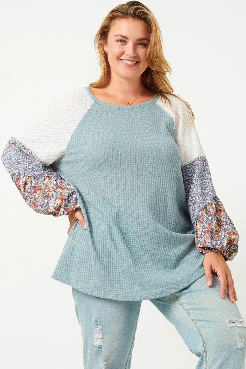 Womens Floral Block Contrast Sleeve Waffle Knit Top sold by Hayden product image thumbnail 2