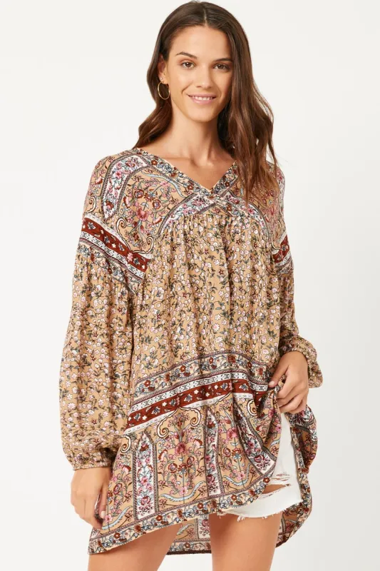 Womens Floral Border Print Long Sleeve Surplice Tunic sold by Hayden