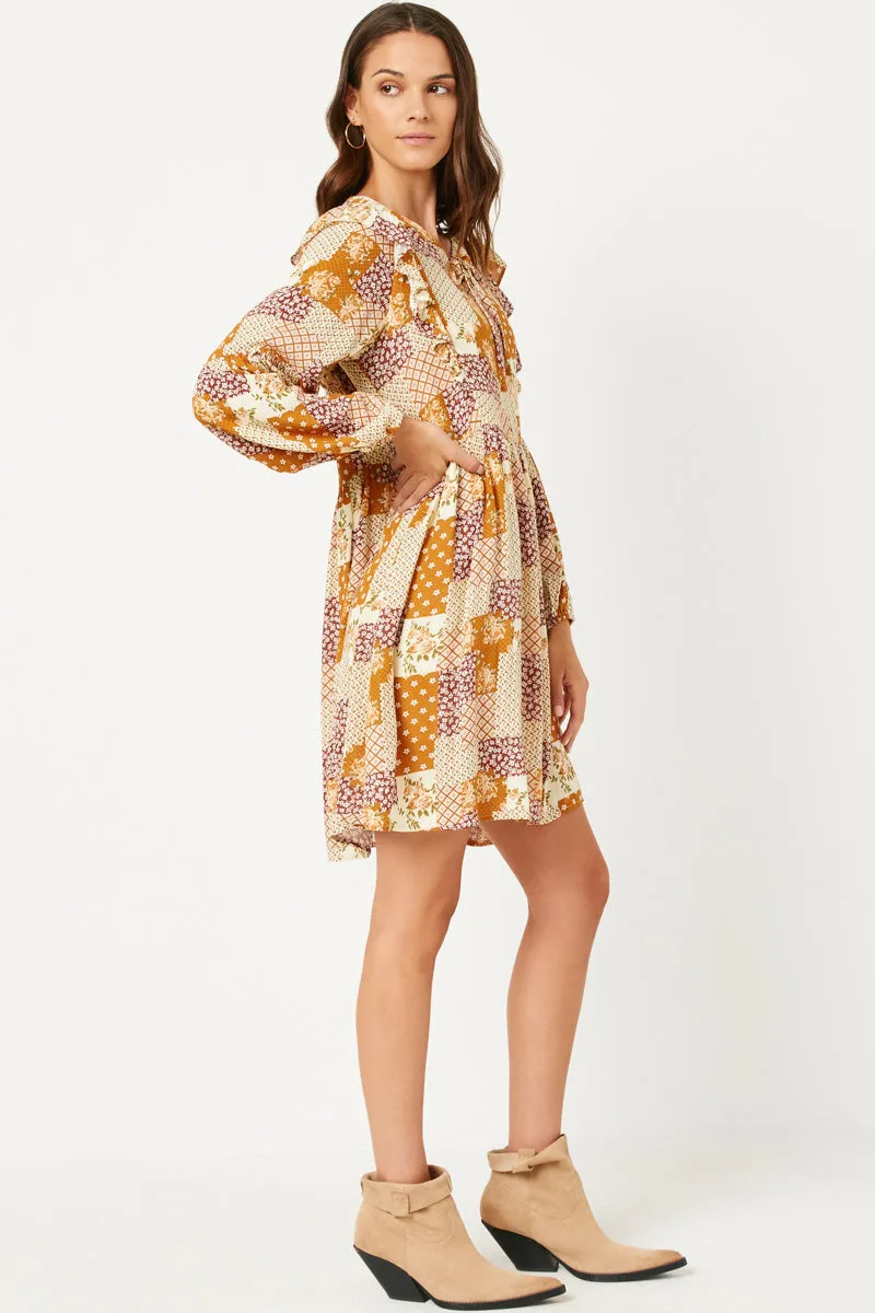 Womens Patch Print Ruffled Shoulder Tie Neck Long Sleeve Dress sold by Hayden product image thumbnail 3