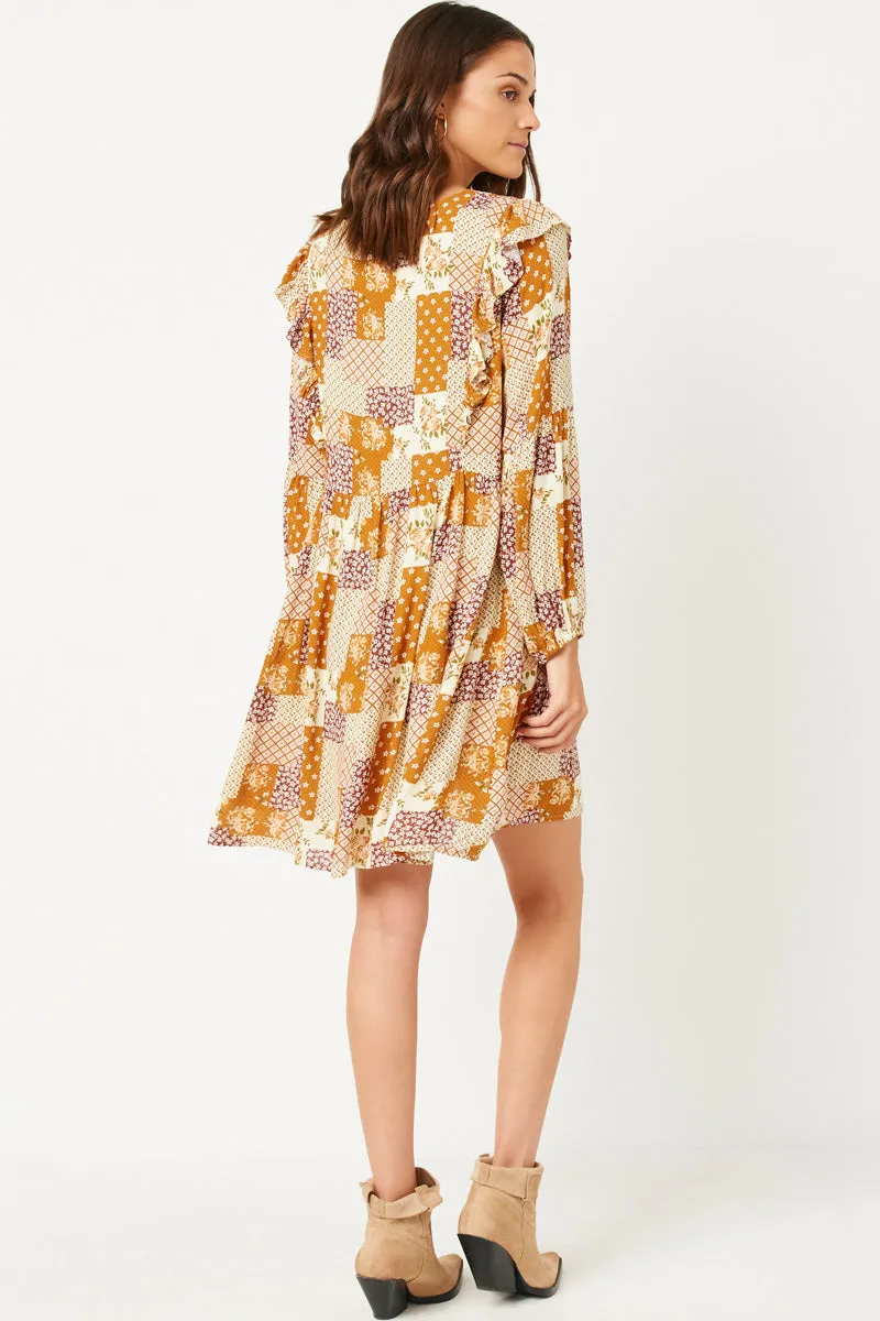 Womens Patch Print Ruffled Shoulder Tie Neck Long Sleeve Dress sold by Hayden product image thumbnail 4