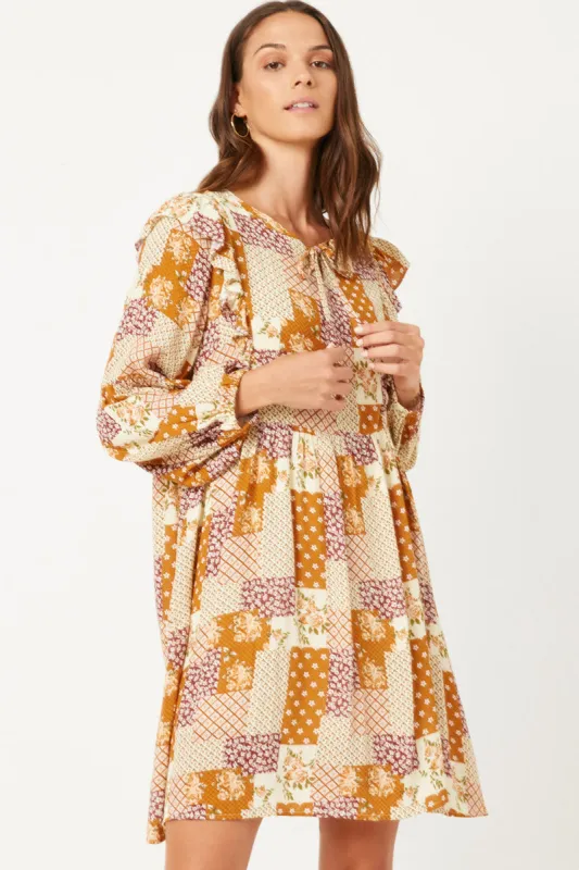 Womens Patch Print Ruffled Shoulder Tie Neck Long Sleeve Dress made by Hayden