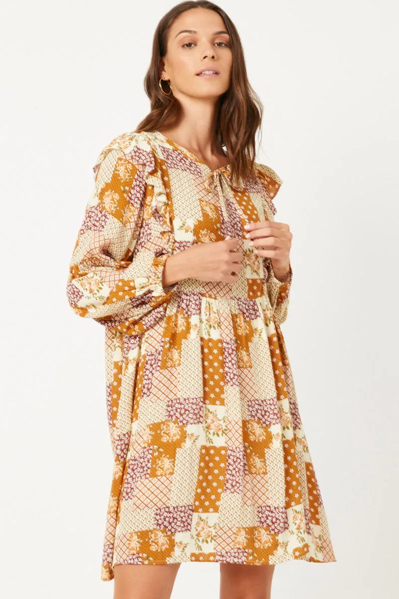 Womens Patch Print Ruffled Shoulder Tie Neck Long Sleeve Dress sold by Hayden