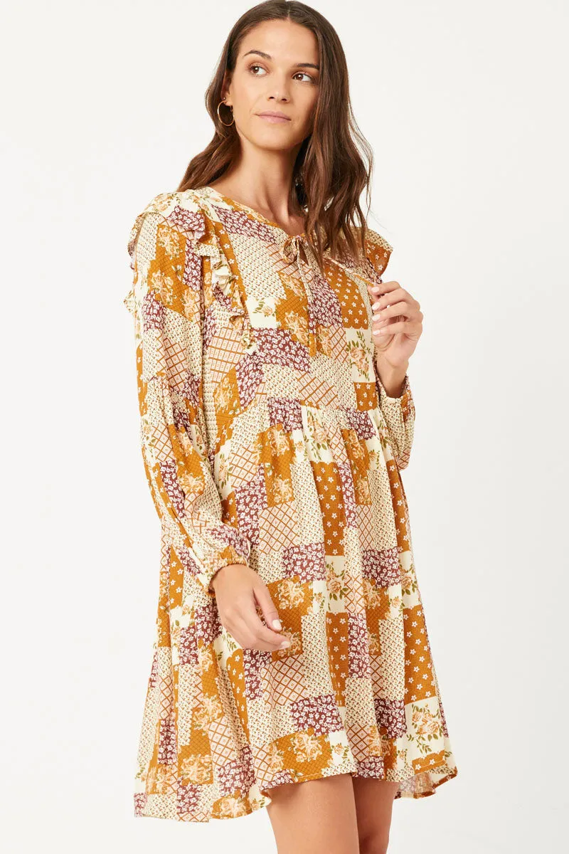 Womens Patch Print Ruffled Shoulder Tie Neck Long Sleeve Dress sold by Hayden product image thumbnail 5