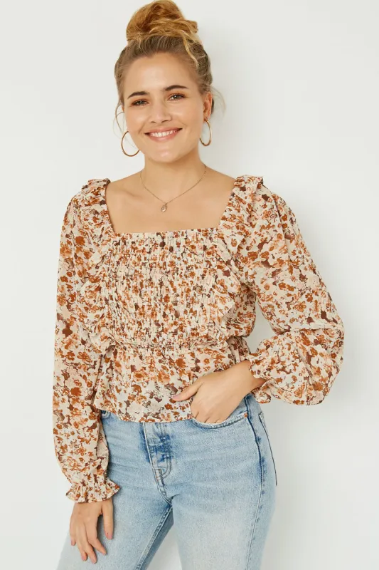 Womens Ruffled Detailed Smocked Square Neck Long Sleeve Peplum sold by Hayden