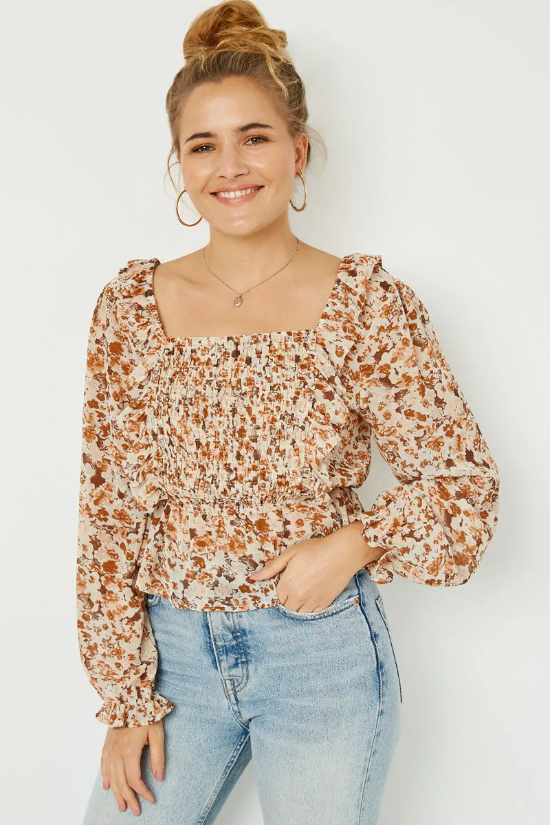 Womens Ruffled Detailed Smocked Square Neck Long Sleeve Peplum sold by Hayden