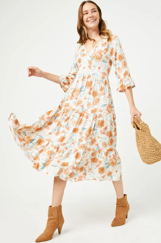 Womens Romantic Floral Ruffle Sleeve Surplice Midi Dress made by Hayden