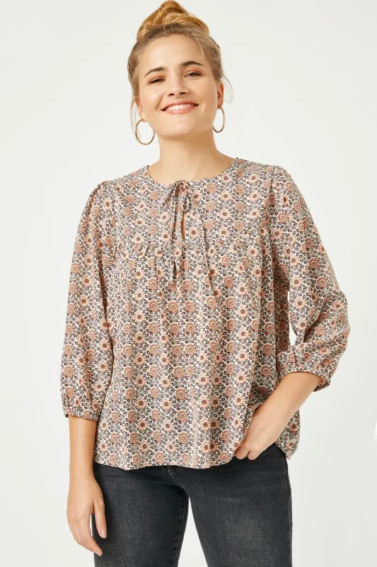 Womens Tie Neck Floral Printed Peasant Top sold by Hayden
