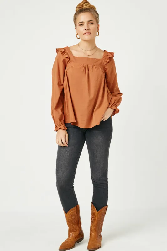 Womens Ruffle Shoulder Square Neck Long Sleeve Top made by Hayden