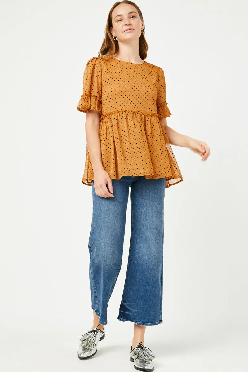 Womens Ruffled Detail Sheer Polka Dot Peplum Top sold by Hayden