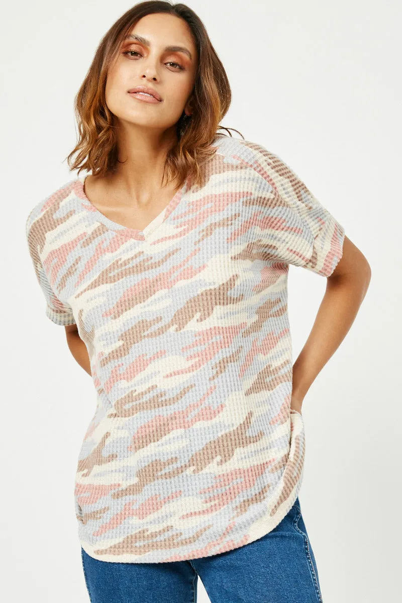 Womens V Neck Waffle Knit Camo Top sold by Hayden