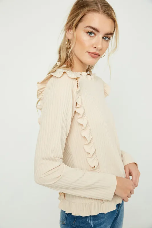 Womens Ruffle Detailed Ribbed Long Sleeve Tee sold by Hayden