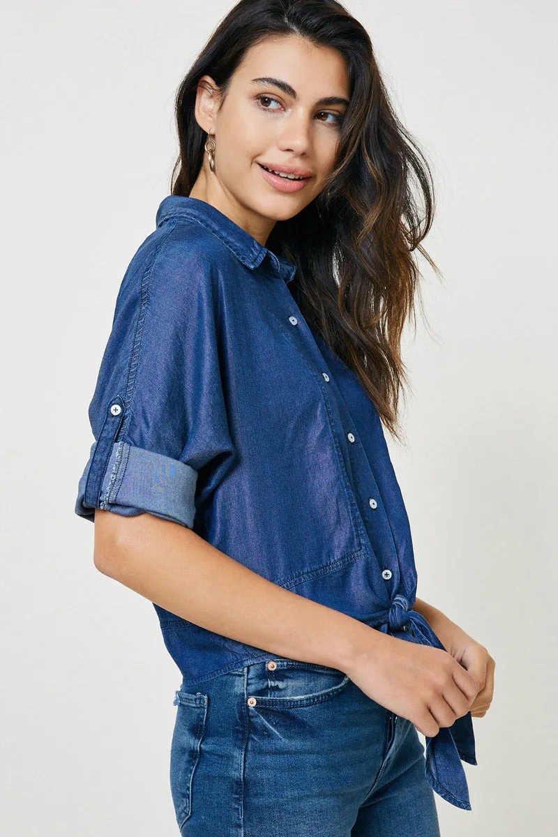 Womens Front-Tie Denim Button-Down Collared Top sold by Hayden product image thumbnail 4