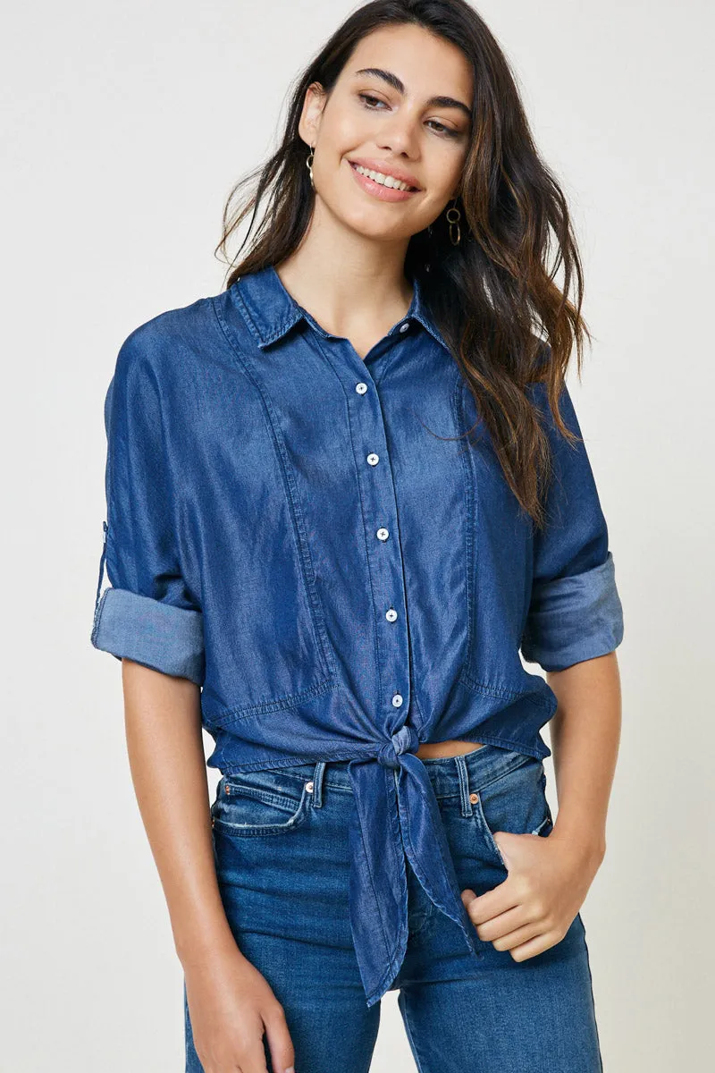 Womens Front-Tie Denim Button-Down Collared Top sold by Hayden