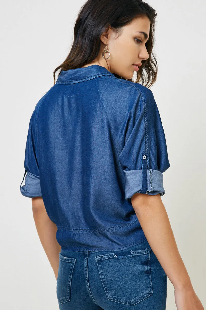 Womens Front-Tie Denim Button-Down Collared Top sold by Hayden product image thumbnail 2