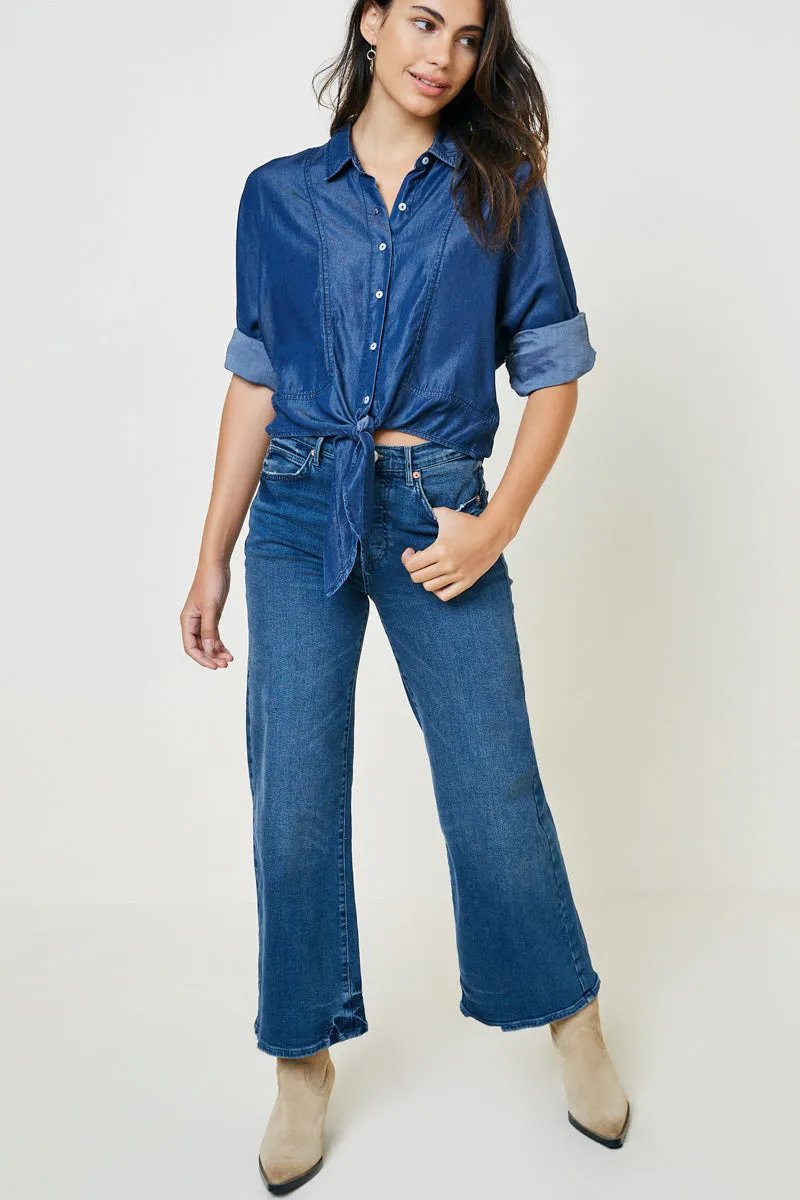 Womens Front-Tie Denim Button-Down Collared Top sold by Hayden product image thumbnail 3
