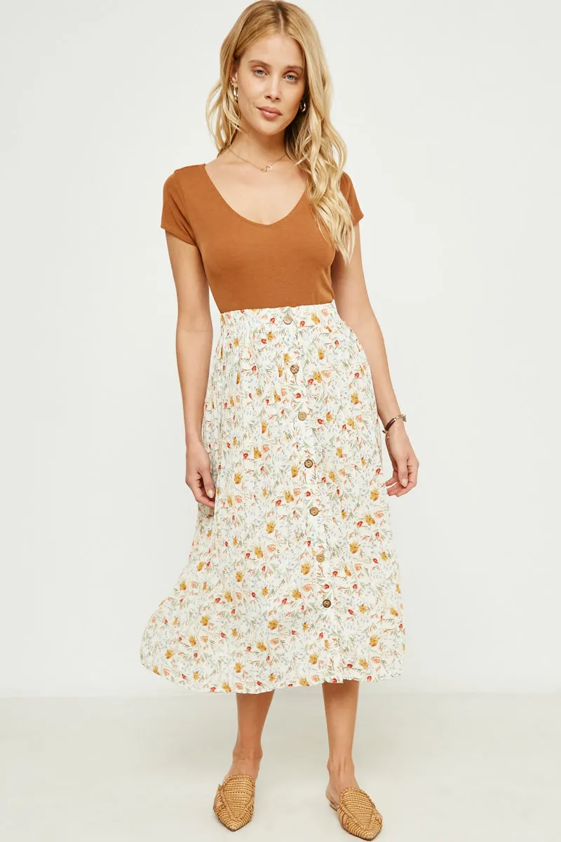 Womens Floral Print Pleated Button Front Midi Skirt sold by Hayden