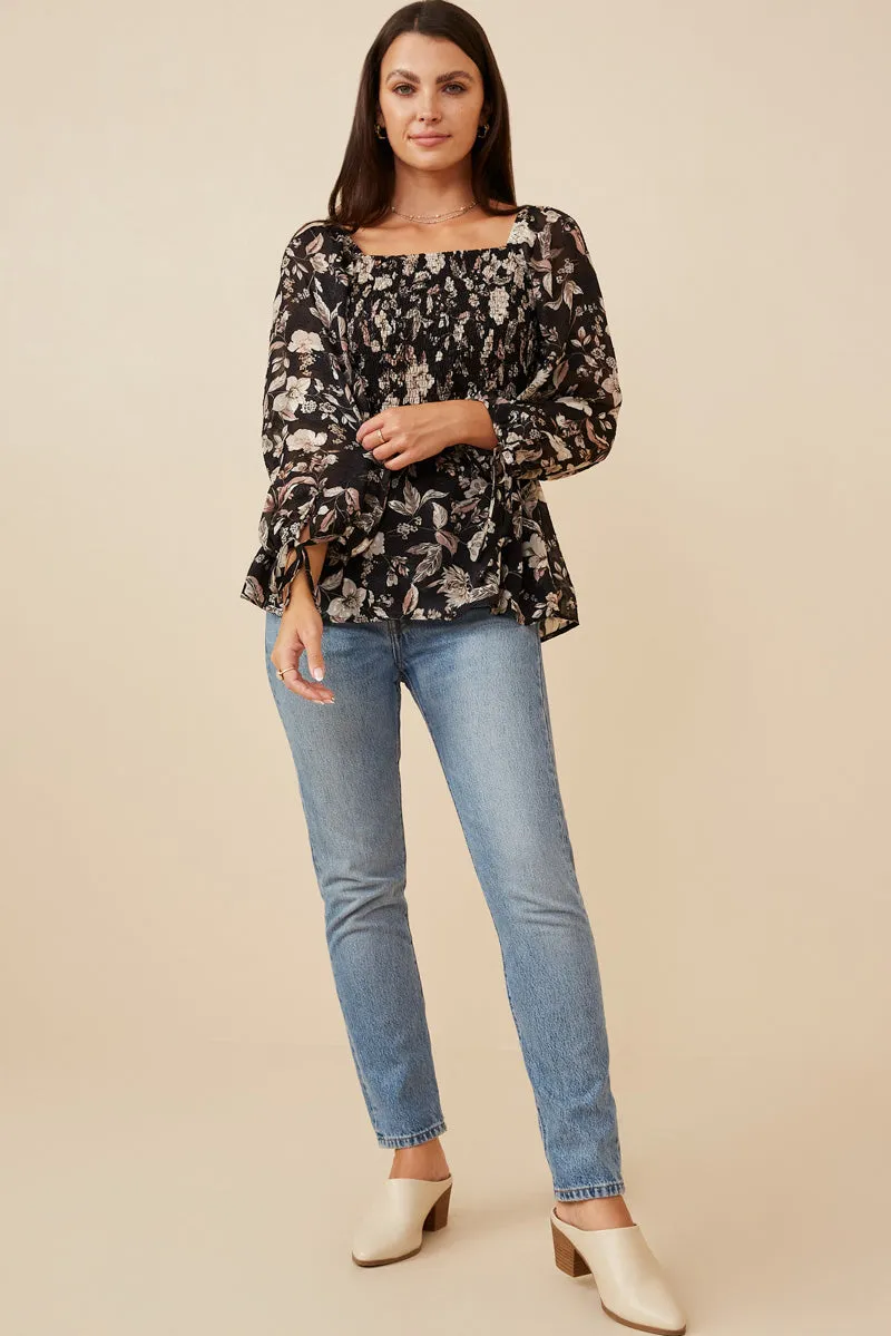 Womens Textured Floral Chiffon Smocked Square Neck Top sold by Hayden product image thumbnail 3