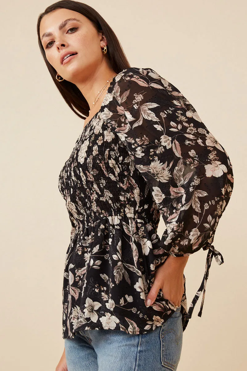 Womens Textured Floral Chiffon Smocked Square Neck Top sold by Hayden product image thumbnail 4