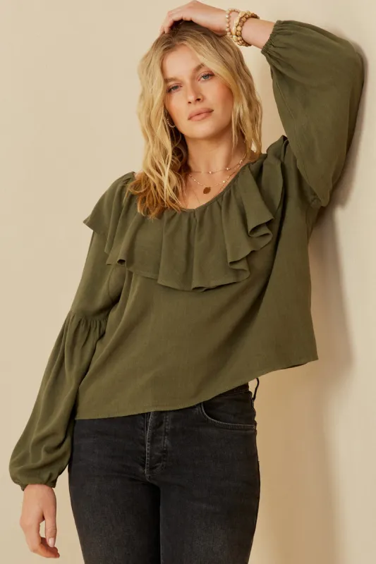 Womens Exaggerated Ruffled V Neck Puff Sleeve Top sold by Hayden