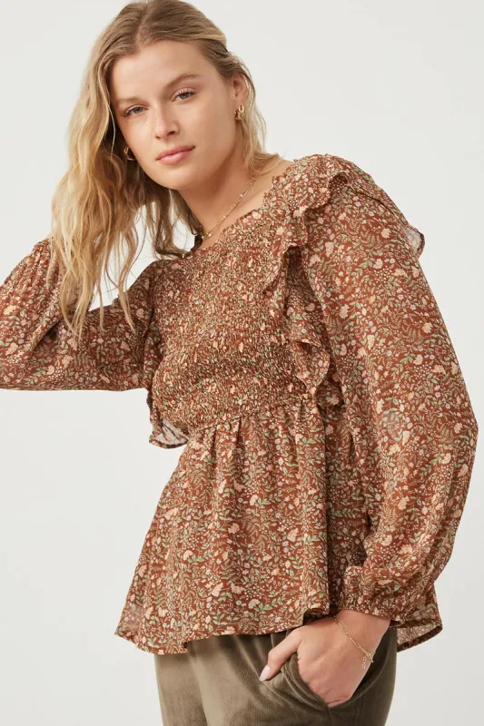 Womens Mixed Botanical Print Ruffle Detail Peplum Top sold by Hayden