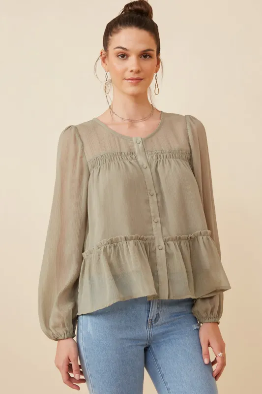 Womens Button up Ruffle Detailed Textured Chiffon Shirt made by Hayden