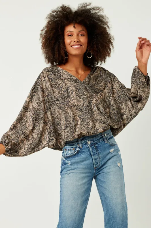 Womens Paisley Print Surplice Puff Sleeve Top sold by Hayden