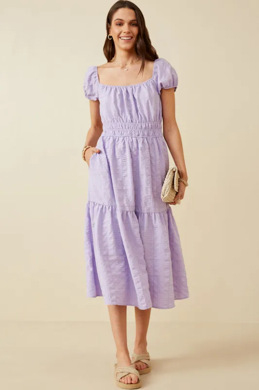 Womens Textured Smocked Waist Square Neck Puff Sleeve Dress sold by Hayden