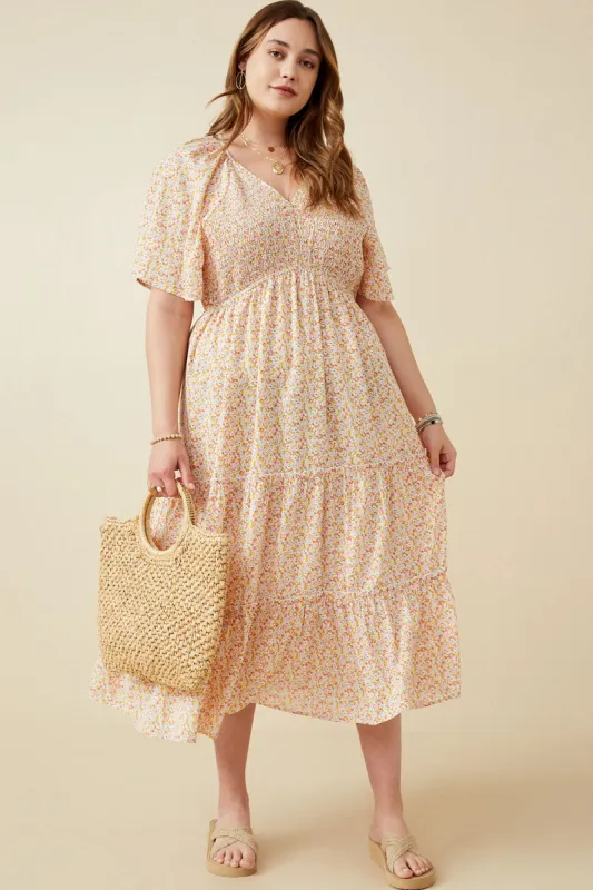 Womens Ditsy Floral Panel Smocked Tiered Midi Dress sold by Hayden