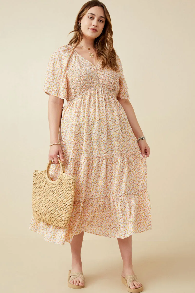 Womens Ditsy Floral Panel Smocked Tiered Midi Dress sold by Hayden