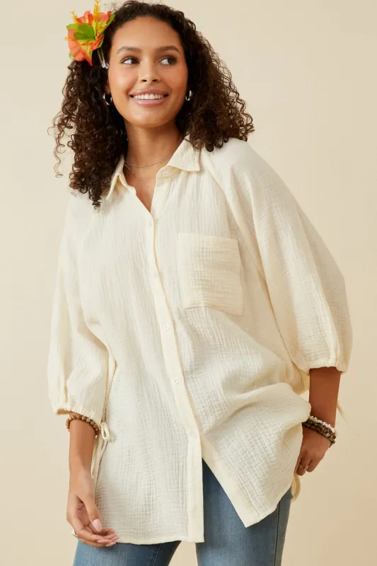Womens Crinkle Texture Tie Sleeve Button Up Shirt sold by Hayden