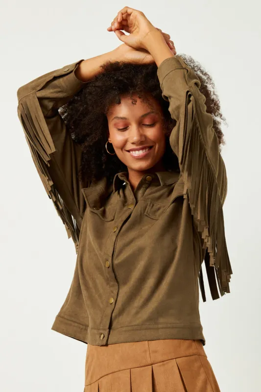 Womens Extended Fringe Suede Work Shacket sold by Hayden