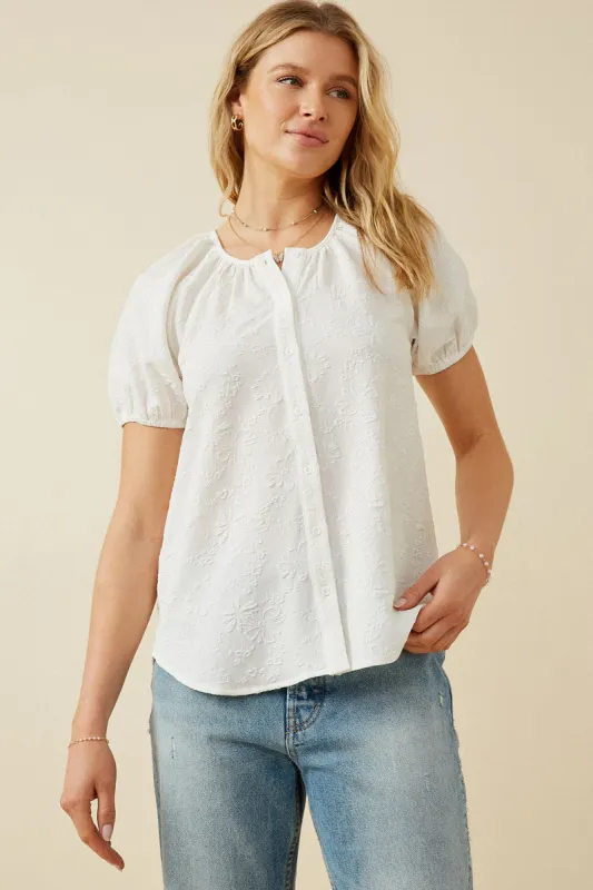 Womens Raised Textured Floral Puff Sleeve Blouse sold by Hayden