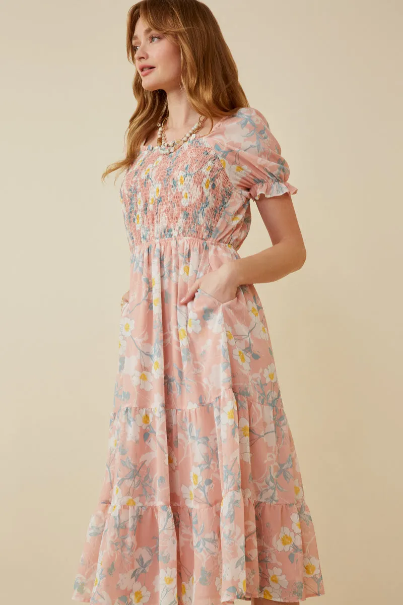 Womens Floral Smocked Puff Sleeve Chiffon Dress sold by Hayden product image thumbnail 4