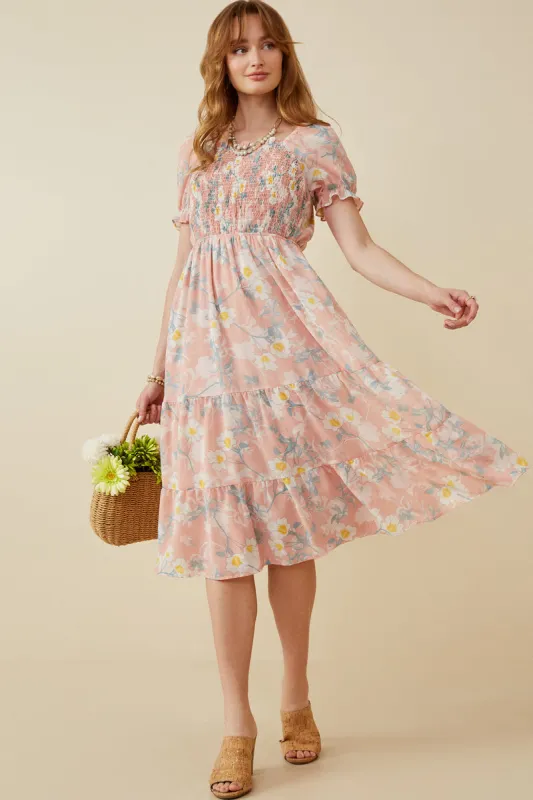 Womens Floral Smocked Puff Sleeve Chiffon Dress sold by Hayden