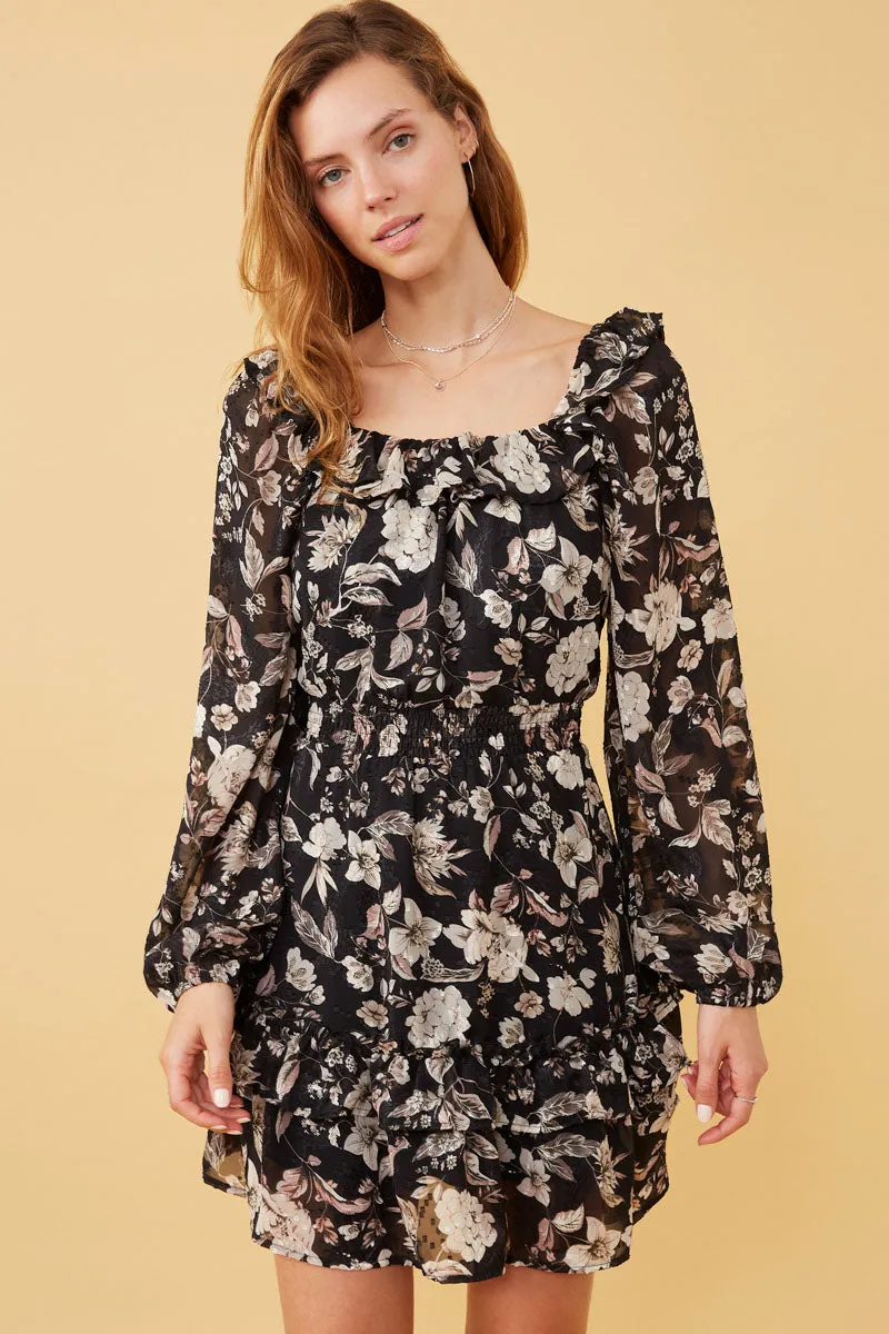Womens Textured Floral Chiffon Print Off Shoulder Tiered Dress sold by Hayden