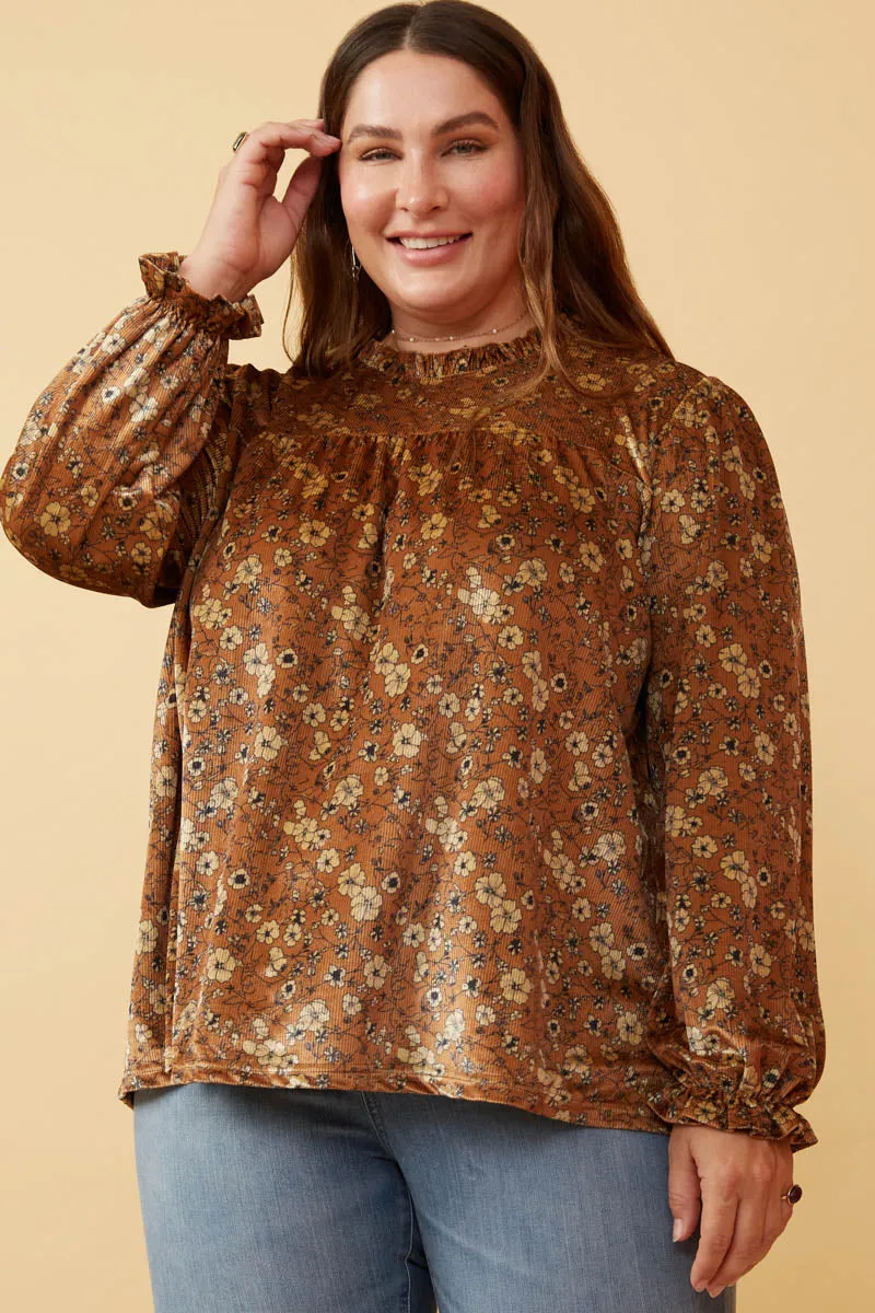 Womens Floral Velvet Cinched Cuff Long Sleeve Top sold by Hayden