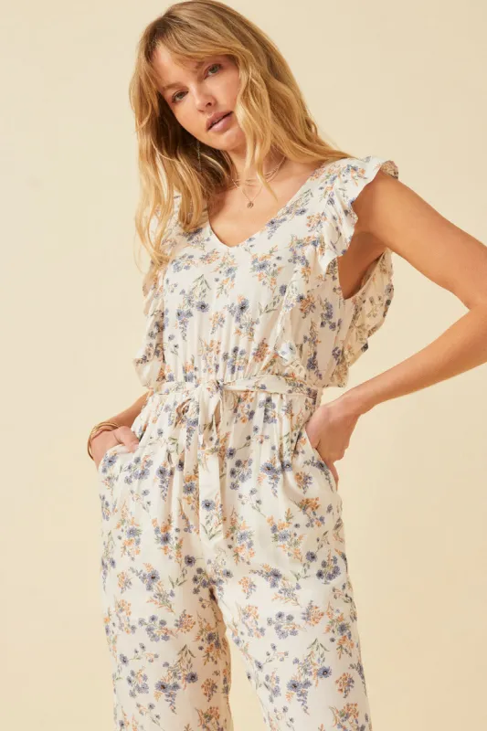 Womens Antique Floral Print Wideleg Ruffle Jumpsuit sold by Hayden